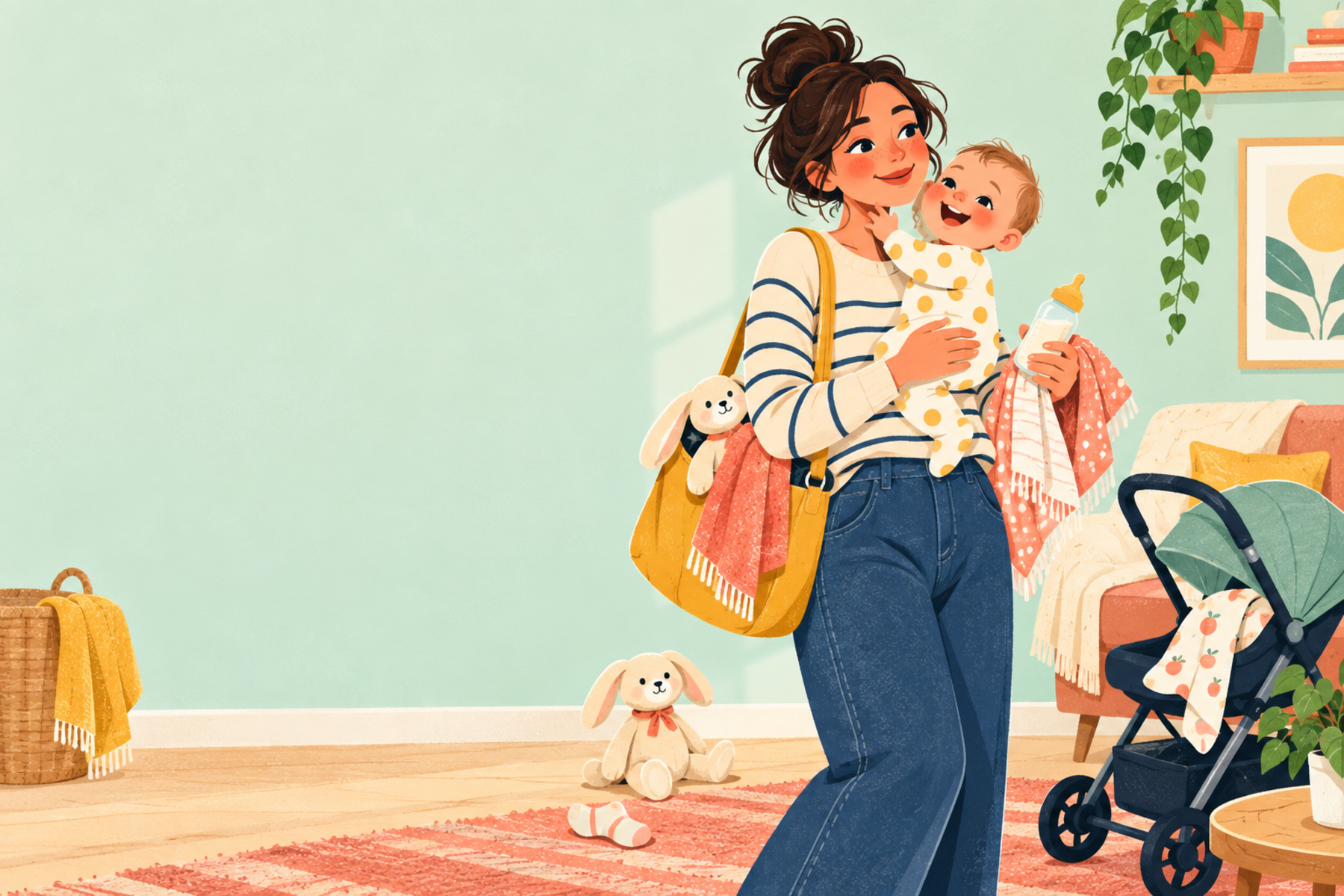 Una mamma sorridente tiene in braccio il suo bambino